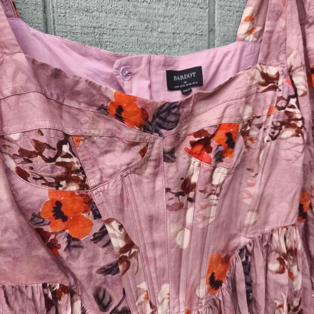 RARE Bardot Lila Linen Corset Puff Sleeve Floral Mini Dress sz 12 Mauve Milkmaid - Picture 4 of 16